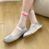 Women's Japanese Sweet Bowknot Accent Crew Socks Elegant Students Hollowout Heart Pattern Ruffle Top Middle Calf Socks