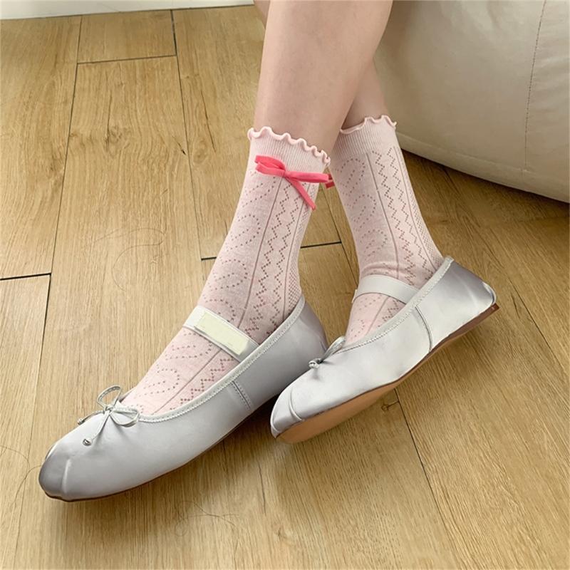 Women's Japanese Sweet Bowknot Accent Crew Socks Elegant Students Hollowout Heart Pattern Ruffle Top Middle Calf Socks