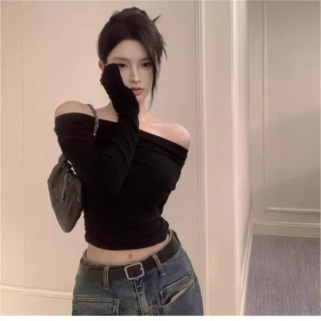 Spring/Autumn Asymmetrical One-Shoulder Long Sleeve Slim T-Shirt