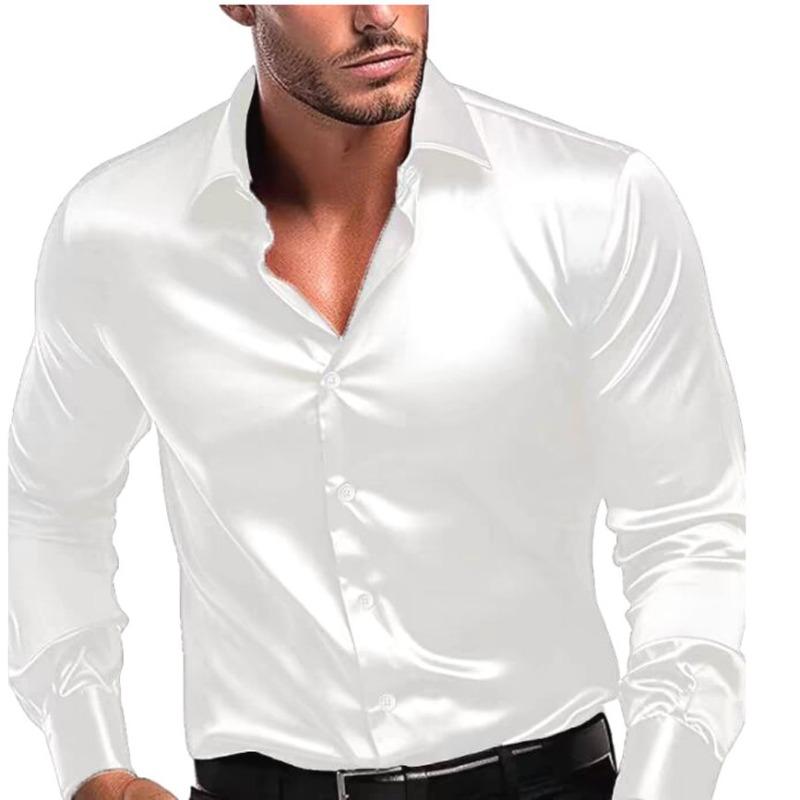 Men Burgundy Silky Satin Long Sleeve Casual Business Work Shirt