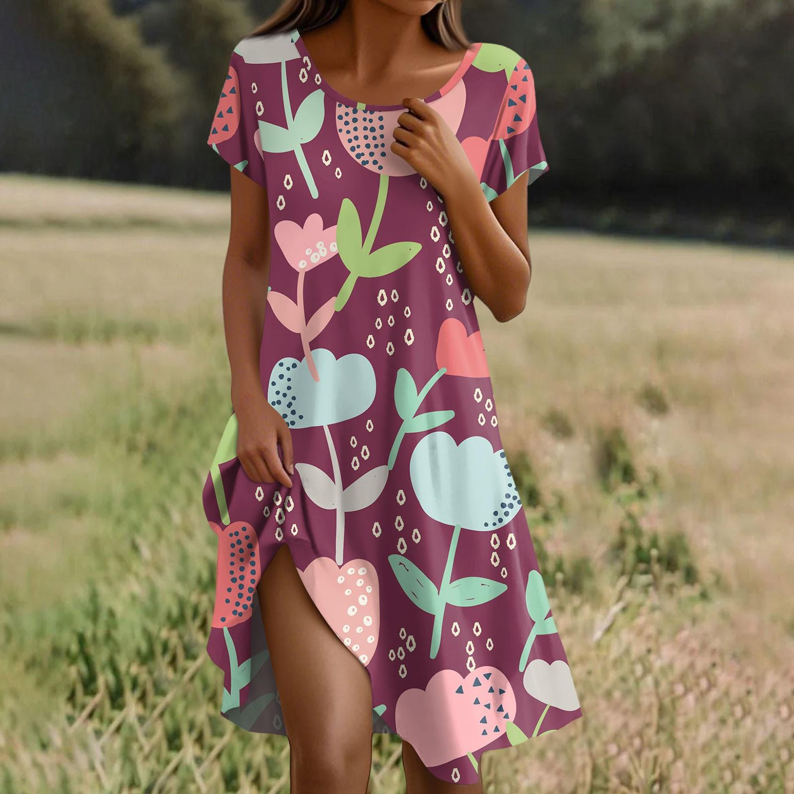 

Платье в стиле бохо с коротким рукавом для женщин, повседневное, свободного кроя, летнее, сарафан с цветочным принтом и карманами XL винный