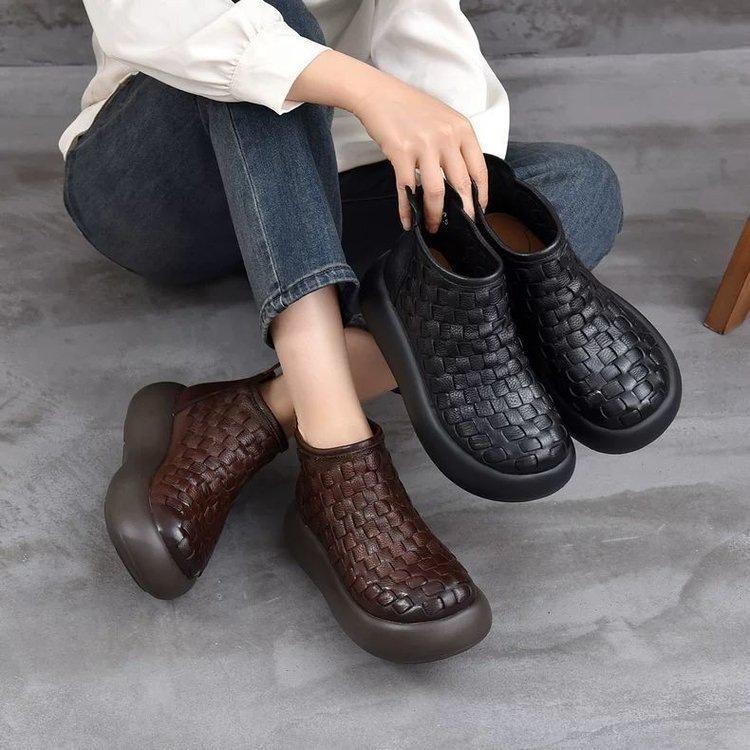 Foreign Style Thick-soled Woven Pattern New Martin Boots Women's 2025 Autumn and Winter Round Head Retro Height-increasing Short Tube One-pedal Leathe