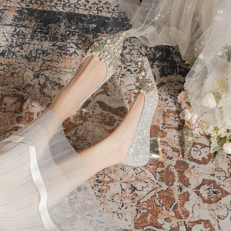 2025 Spring Sparkling Pearl Stickers High Heels Wedding Shoes Banquet Dress 4cm Thick Heels Women's Pumps