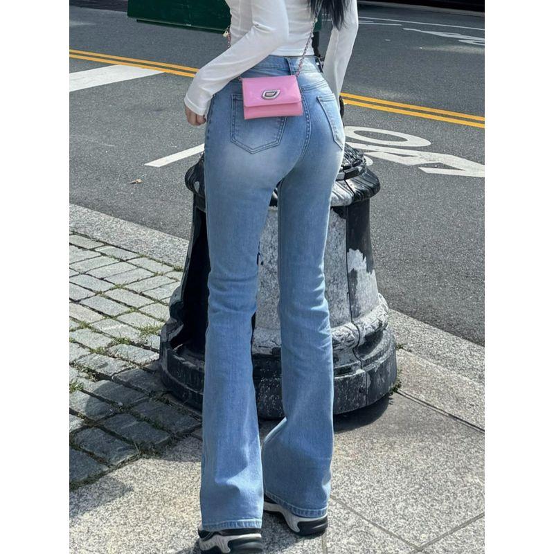 Spring and Autumn New Women Clothes Chic Padded Crotch Pants Slightly Flared Jeans Trousers Sheath High Waist Stretch Slimming Jeans