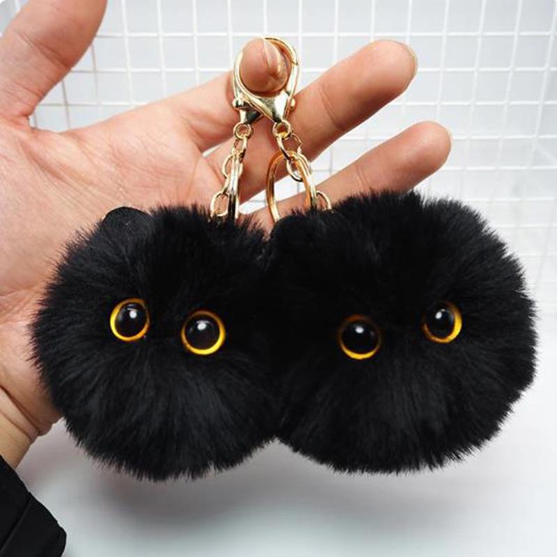 Cute Black Cat Keychain Plush Cartoon White Kitty Toy Pendant Keyring For Women Girls Kids Gift Ornament