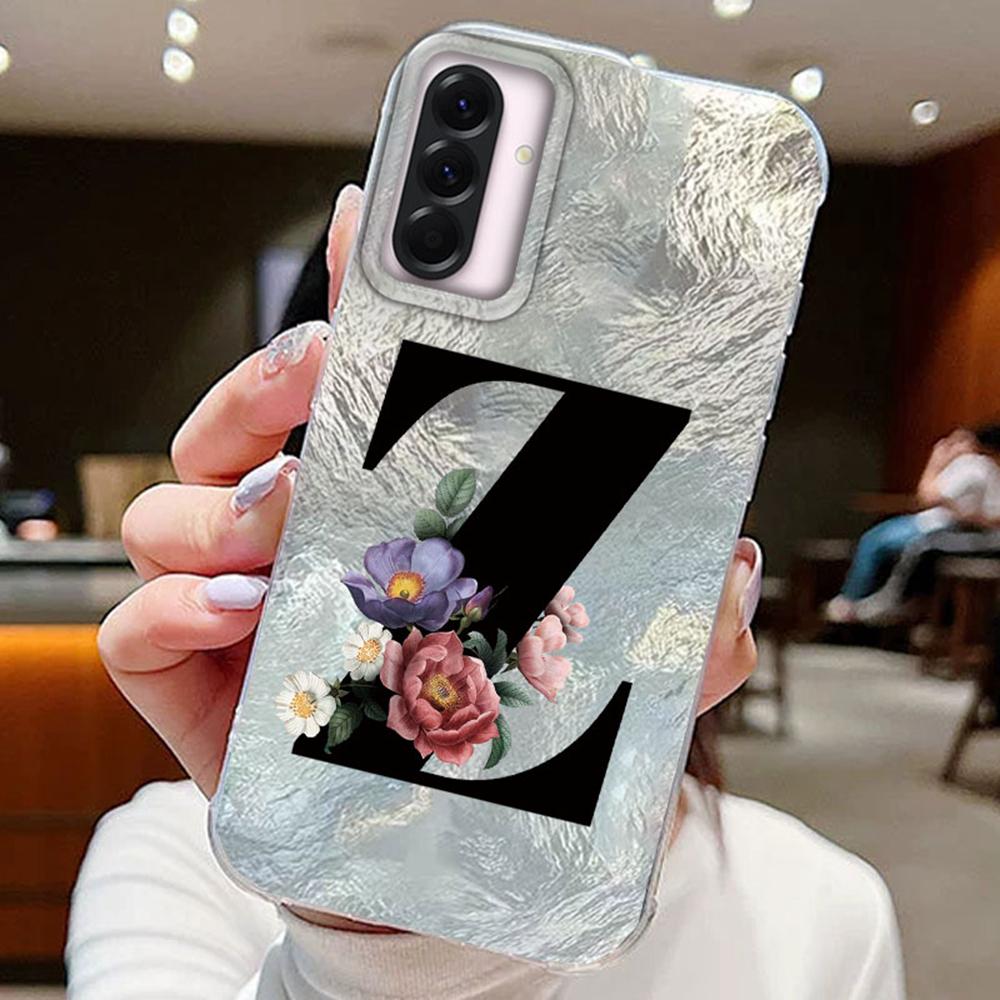 Black A-Z Letter Flower Laser Gradient For Samsung Galaxy A16 A36 A56 Phone Cases Cover Silicone Clear Soft Protect Back Bumper Hard PC Back Cover