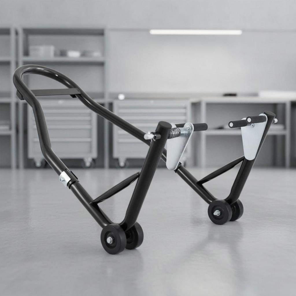 HeavyDuty Motorcycle Front Wheel Stand | Sturdy Tubular Iron Frame, Secure Clamp, Support