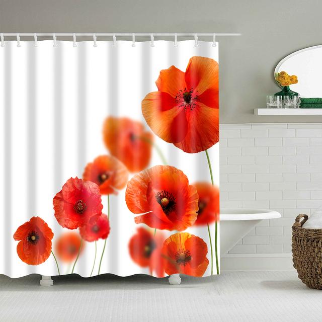 Japanese Style Cherry Blossoms Red Rose Shower Curtains Bathroom Curtain Frabic Waterproof Polyester Bathroom Curtain with Hooks