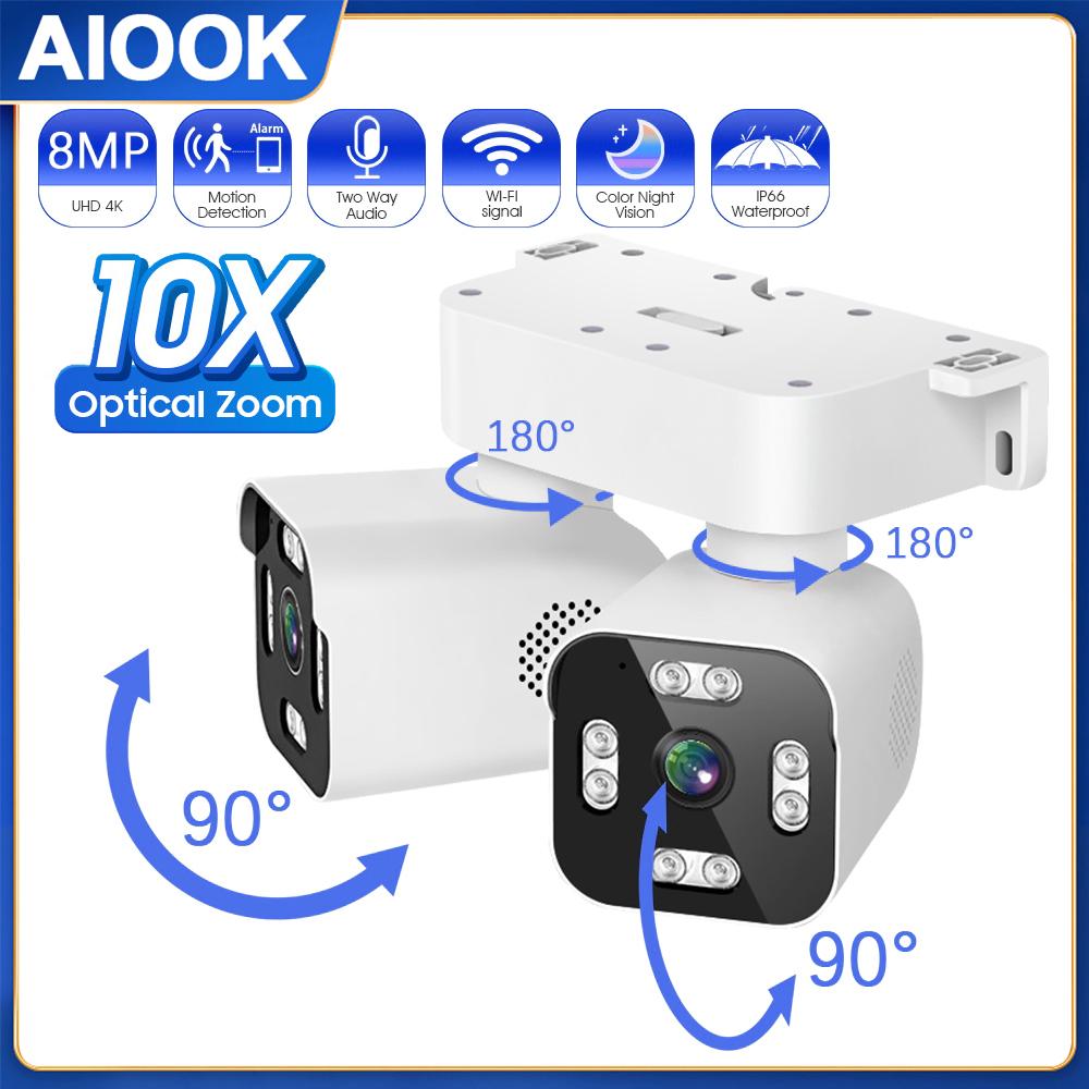 AIOOK Kamera bezpieczeństwa na zewnątrz wodoodporny podwójny obiektyw HD 8MP 4K 10X Zoom WiFi CCTV noktowizor dwukierunkowy domofon PTZ zdalne oglądanie aplikacja icam365