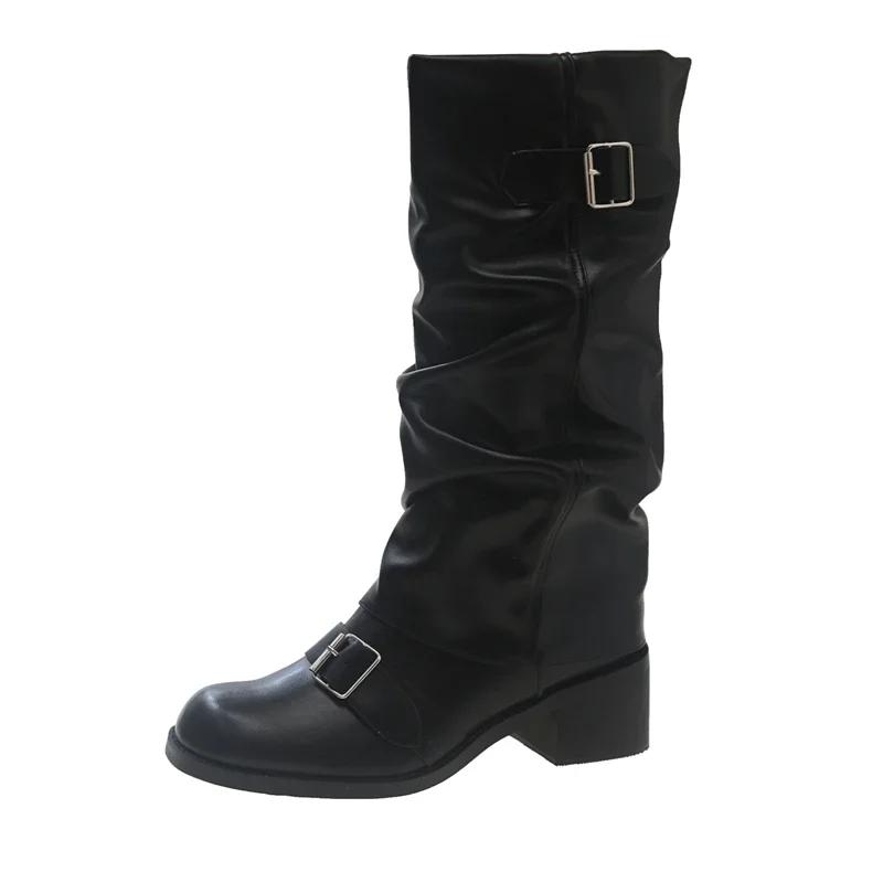 fashion Winter Punk Style Women Knee High Boots Fashion Belt Buckle Knight Long Booties Designer Thick Heels Botas De Mujer