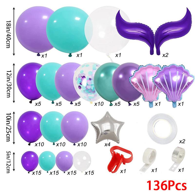 

1 комплект декора для детского дня рождения, принадлежности для вечеринки, воздушные шары, арка, гирлянда, латексные шары в форме хвоста русалки 136pcs