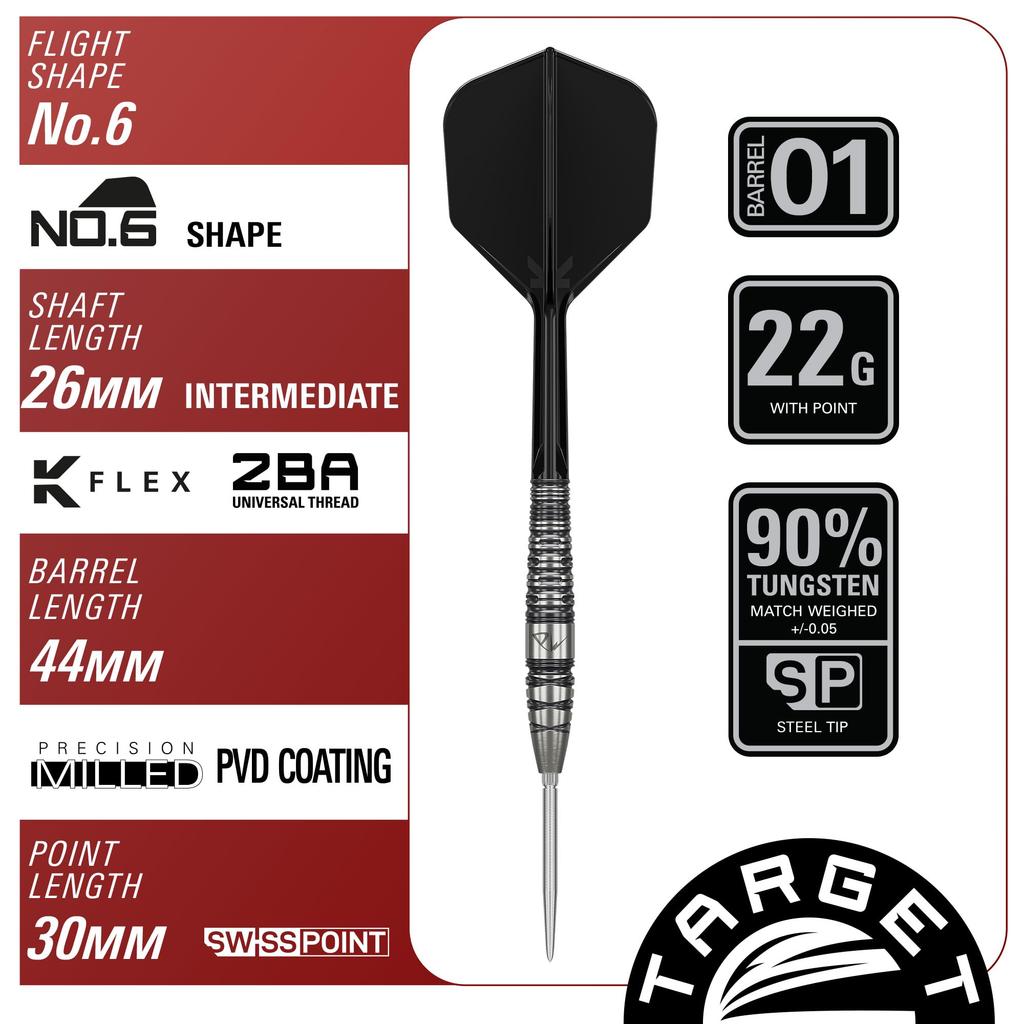 Target Japan BLACK MARQUE PW Wolframstahl Dartspitze 6 Form 2.0 90% Set, 22g, K-Flex Nr. (PW 2.0)
