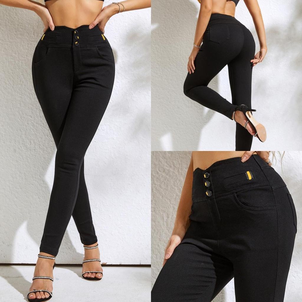 Rose Beauty A Damen-Hose mit Knopfleiste, hohe Taille, Röhrenhose, elastischer Bleistiftrock, enge Hose