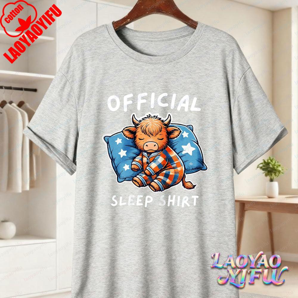 Casual Highland Cow Pajama Cotton TShirt Soft 100 Cotton Sleepwear Graphic Tee Summer Clothes for Women Unisex Loungewear Apparel