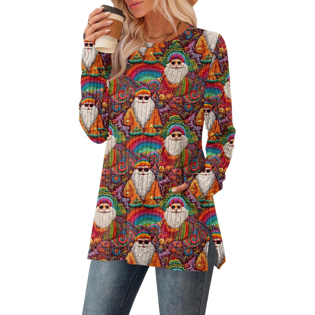 Women's Christmas Printed Round-neck Long-sleeved Top With Pockets And Side Slits