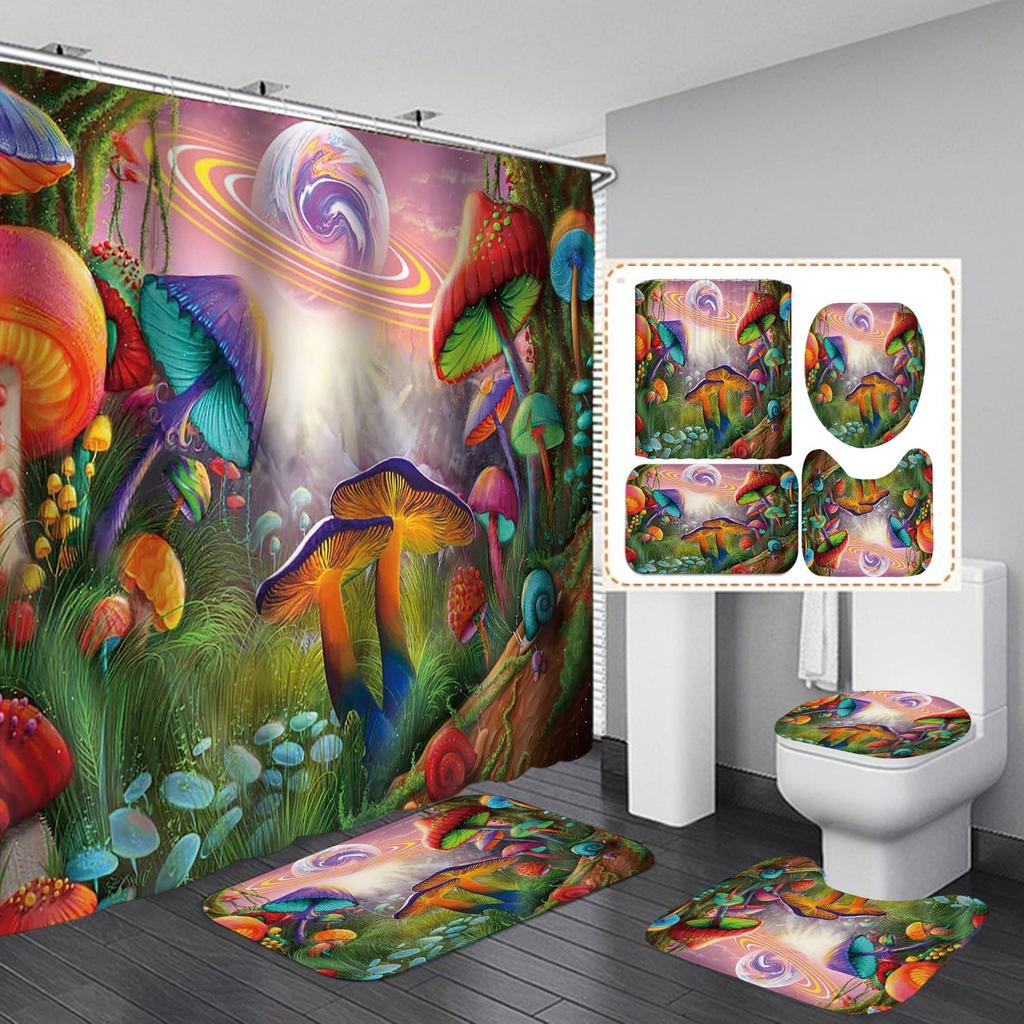 Fantasy Forest Fabric Shower Curtain Set Night Mysterious Jungle Full Moon Lake Vine Mushroom Butterfly Fairy Tale Bathroom Set
