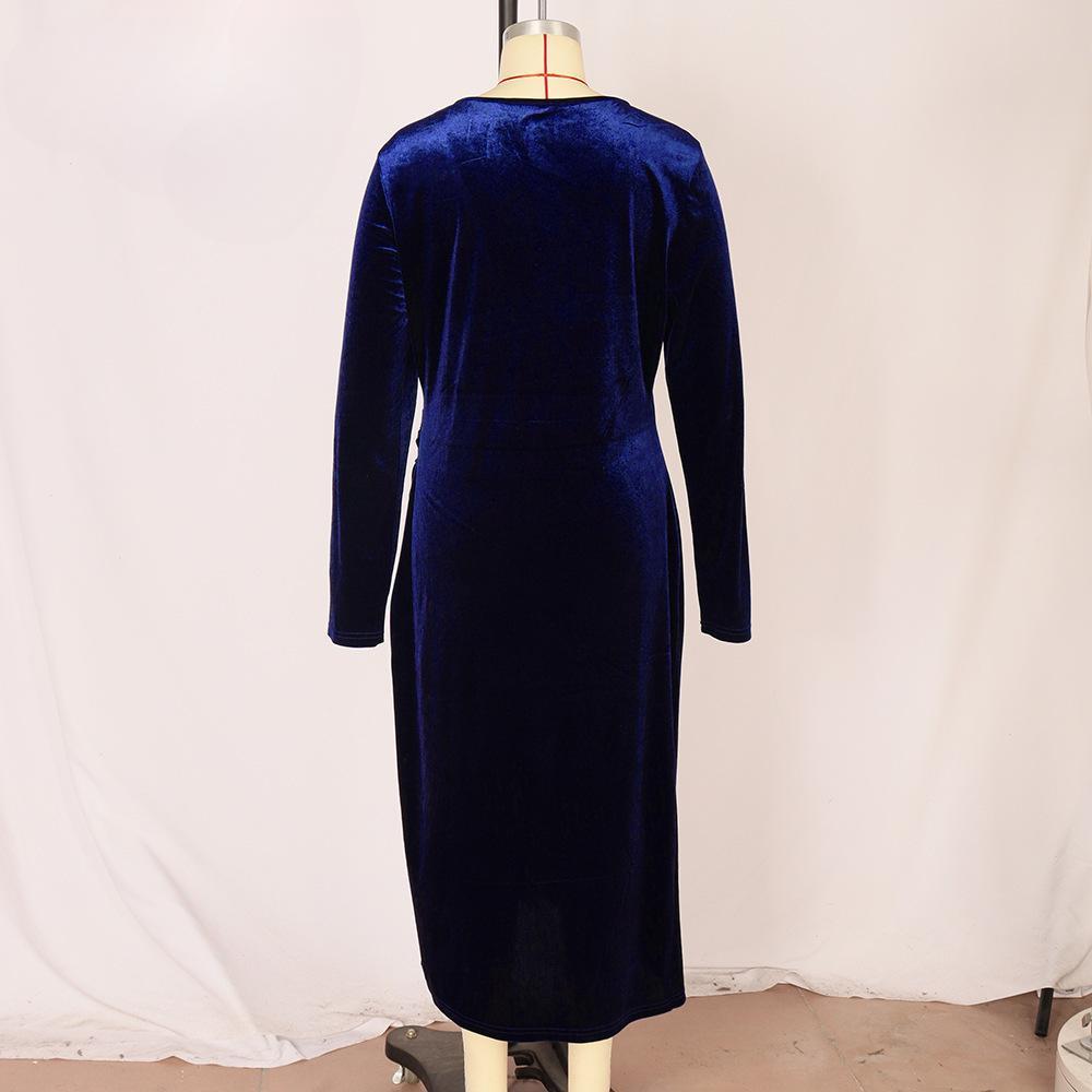 New Plus Size Long Sleeve Velvet Sheath Dress, Sexy, Pleated Wrap, Deep V Neck, Party Cocktail Dress