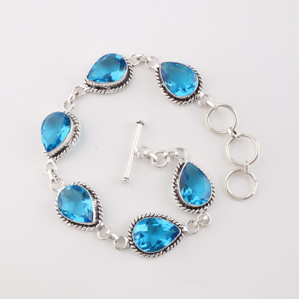 Swiss Blue Topaz Gemstone 925 Sterling Silver Jewelry Handcrafted Bracelet 7-9" RB-18-2