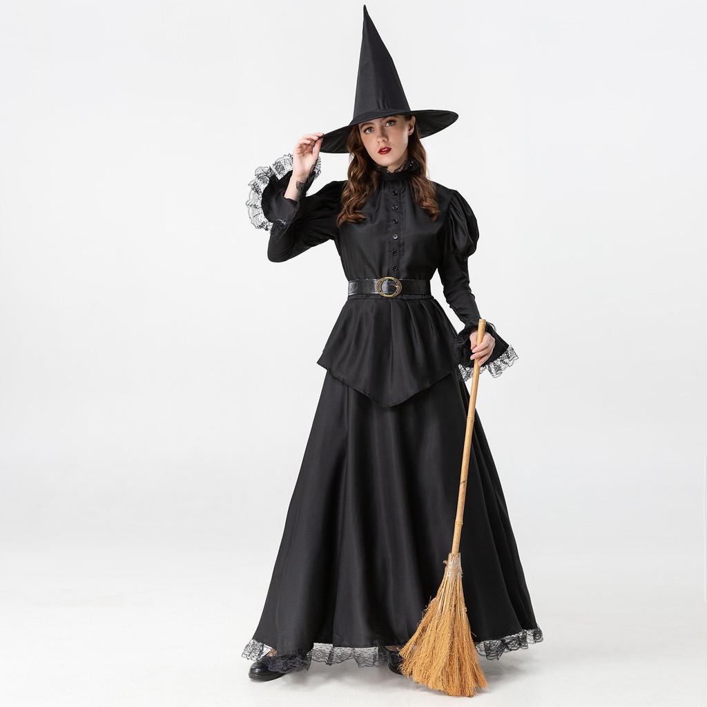 Halloween Witch Costume For Women With Black Dress And Hat For Cosplay Parties