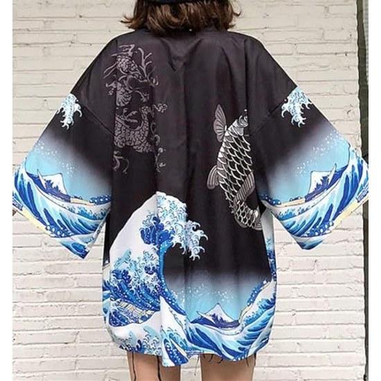 TOUFEIYUAN Japanese-style Happi Kimono Hanten Half Coat Festival Costume Sun Protection Long Sleeve Fox Sakura Grand Ceremony Mikoshi Event Mens Shawl