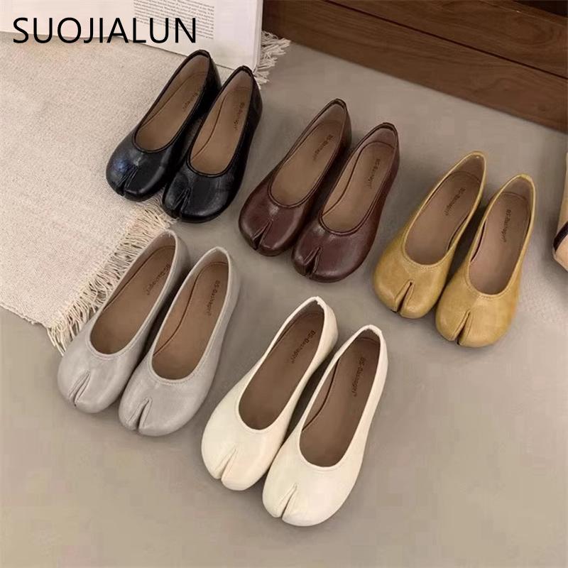 Fashion SUOJIALUN 2025 Spring New Brand Women Flat Shoes Fashion Split Toe Flat Ballet Shallow Slip On Female Casual Slip On Loafer Shoe