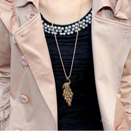 Fashion Women Multi-color Long Peacock Rhinestone Wedding Sweater Necklace