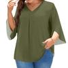 Women's Solid Color V-neck Plus Size Tops 3/4 Sleeves Elegant Shirt Tops
