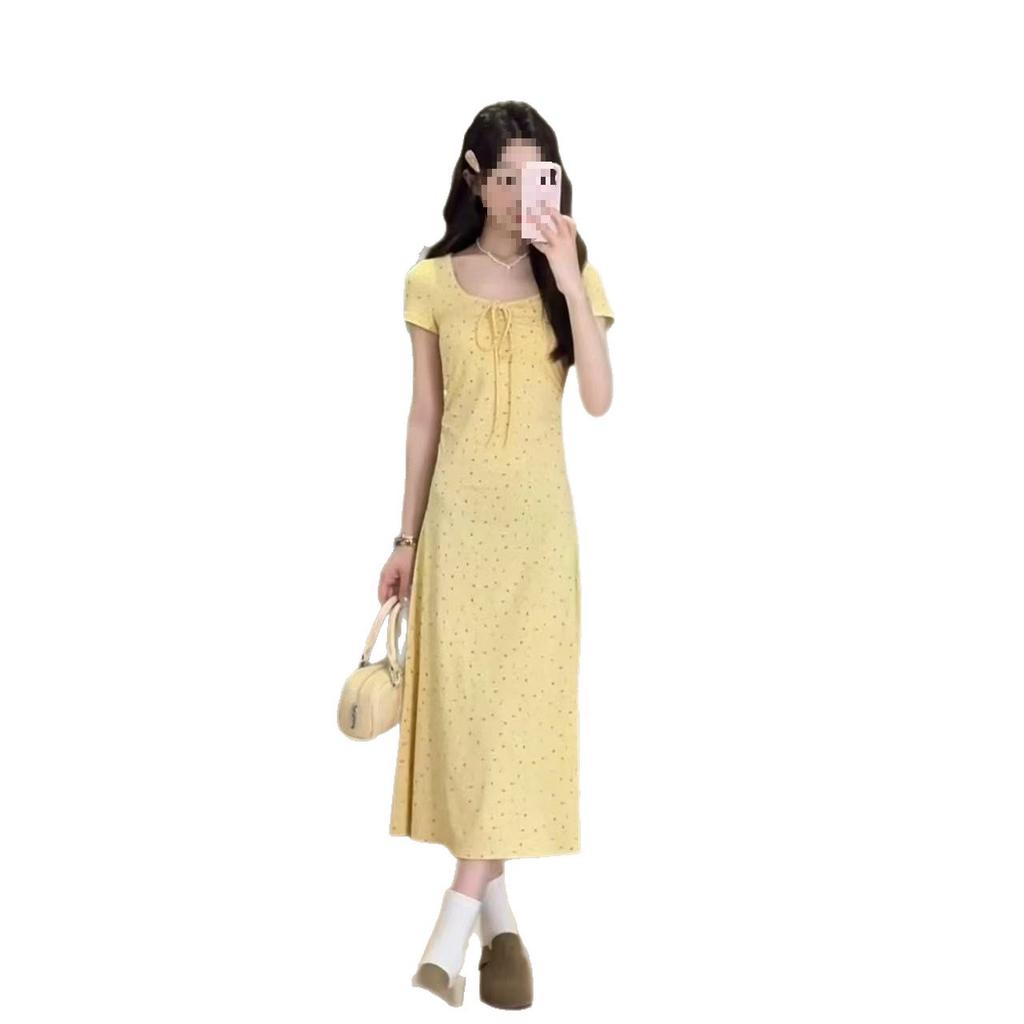 Yellow dress pure wind floral sweet slim temperament dress full lace square collar medium and long inner skirt