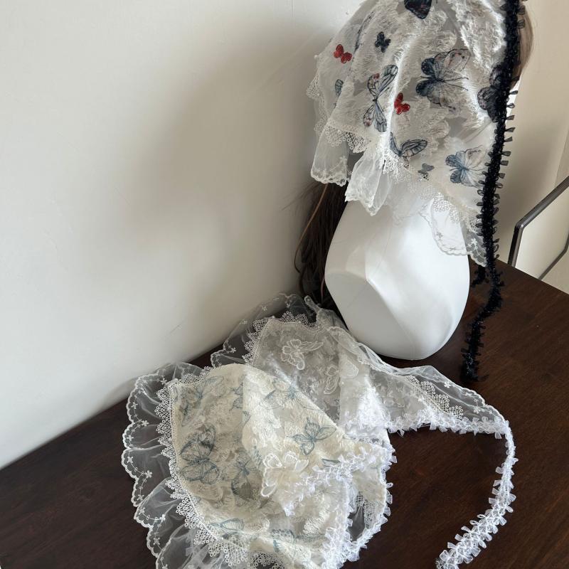French Vintage Lace Triangle Scarves Butterfly Floral Headscarf Fashion Bandanas Turban For Girls Travel Photo Headband