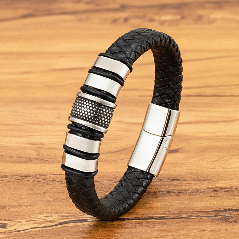Trendy Black Leather Bracelet Homme Punk Men Gift for Husband Friend Hiphop Rock Charm Bangle Magnetic Clasp Jewelry 19cm