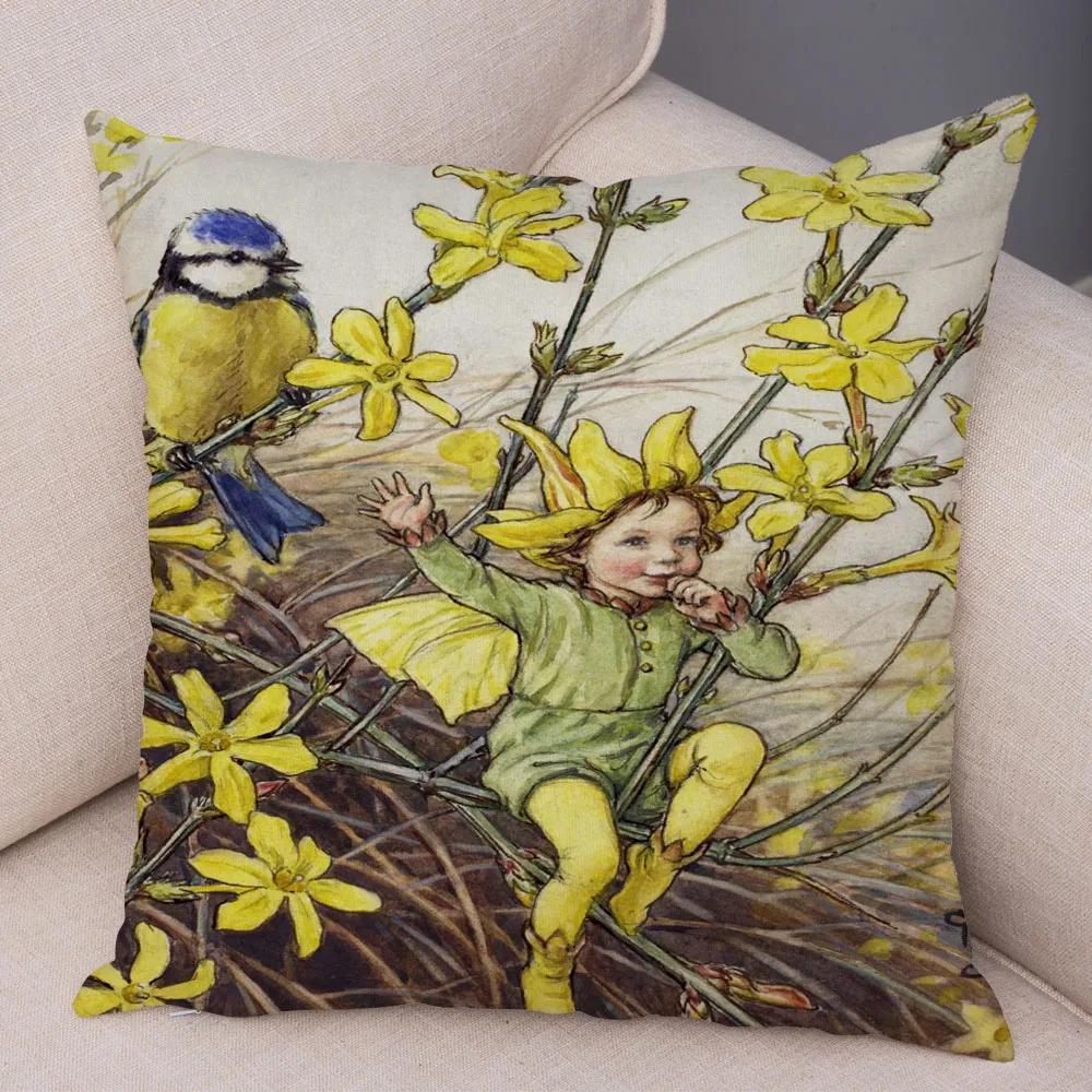 Vintage Cartoon Elfen Kissenbezug Dekor Bunte Märchenwelt Kissenbezug Plüsch Blumenmädchen Kissenbezug für Sofa Zuhause