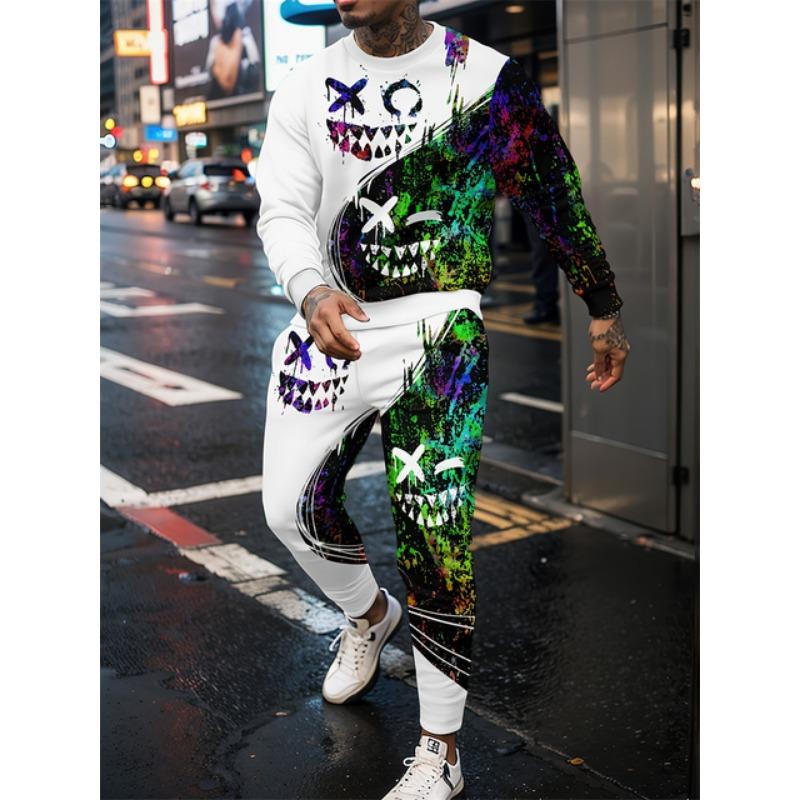 

Осенний мужской спортивный костюм, мужская футболка с длинными рукавами, костюм с длинными брюками, стеганый ретро-принт, повседневные уличные топы, одежда из двух частей M