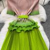 Elegant Beaded Embroidery Oversize Pleated Dress Women Summer Gradient Pink Green V Neck Ruffle Belt High Elastic Midi Dress