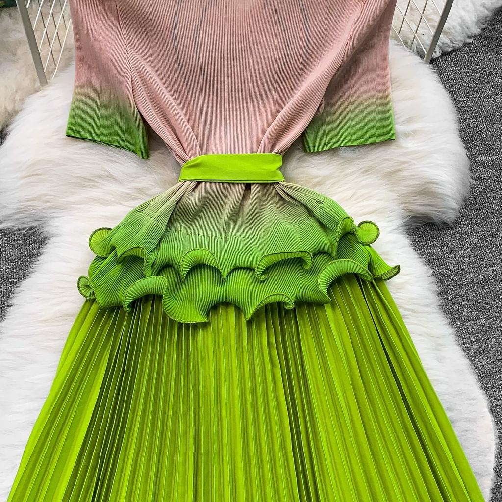 Elegant Beaded Embroidery Oversize Pleated Dress Women Summer Gradient Pink Green V Neck Ruffle Belt High Elastic Midi Dress