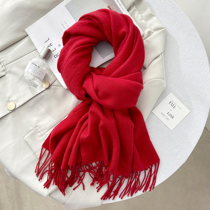 Scarf autumn and winter atmosphere solid color imitation cashmere women's temperament literary niche soft waxy warm fringed scarf shawl