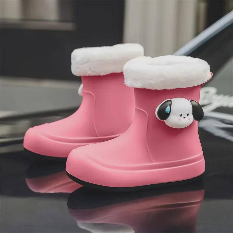 Women's Cute Korean Cartoon Non-Slip Waterproof Rain Boots with Velvet and Cotton for Warmth - Short Tube Outdoor Footwear
