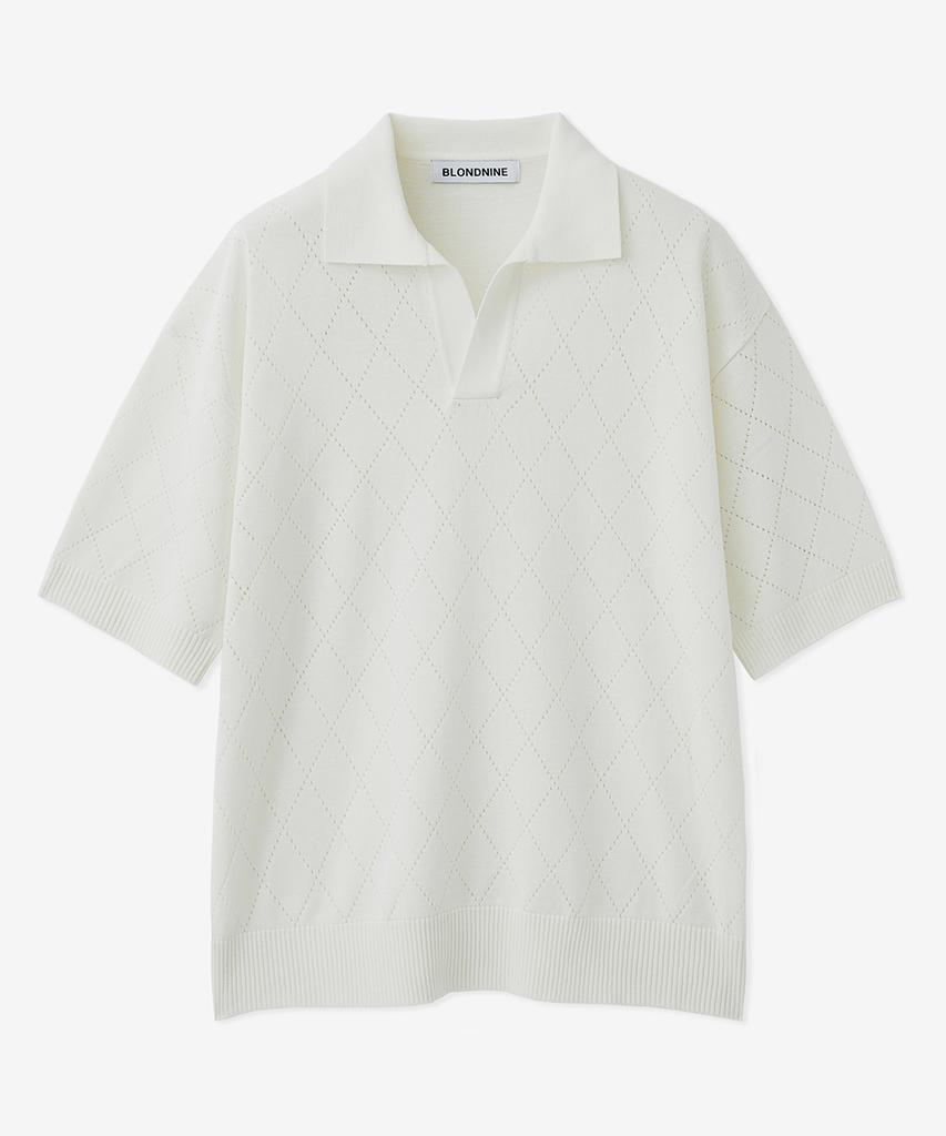 BLOND9 Cotton Diamond Open Collar Short Sleeve Knit_Ivory