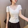 Damen gerafftes V-Ausschnitt T-Shirt Kurzarm Rüschenbesatz Slim Fit Lässiges Oberteil Einfarbig