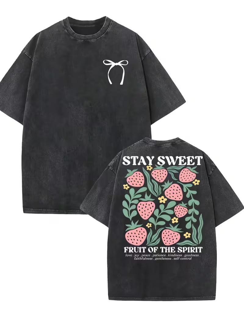 

Stay Sweet Fruit Strawberry Graphic Oversized TShirt Vintage Washed Bow Tee Casual Loose Fit Short Sleeve Tops for Women S