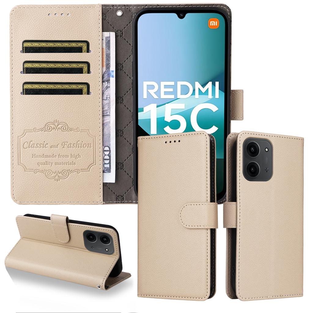 For Xiaomi Redmi 15C 5G/15C 4G (173mm) Case RFID Blocking 3 Card Slots PU Leather Phone Cover with Wrist Strap
