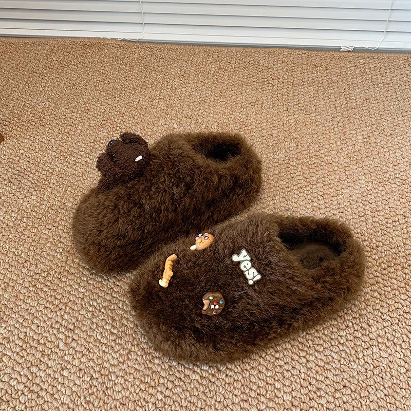 Popular fashion bow Mao Mao shoes outer wear 2025 autumn and winter new one-pedal Doudou shoes velvet cotton slippers