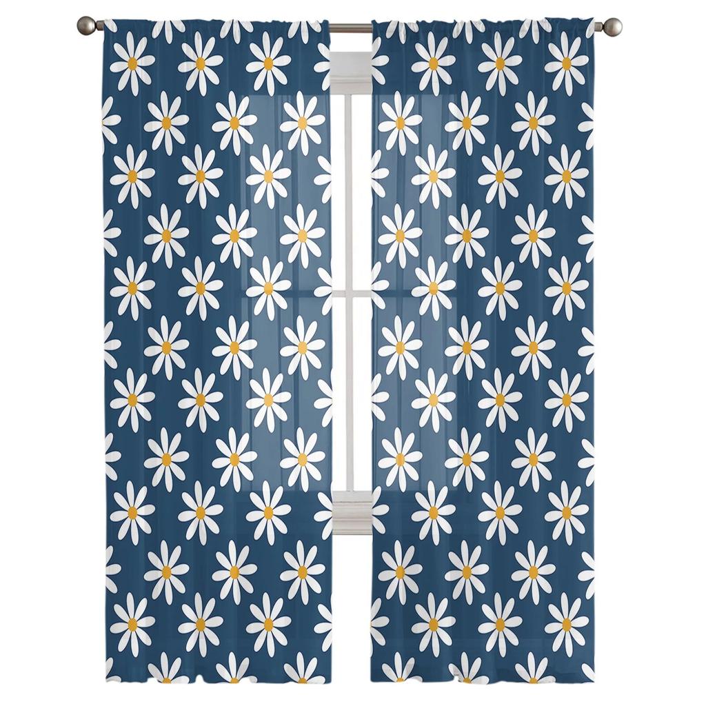 Blue Background Daisy Tulle Curtains Living Room Kitchen Chiffon Curtain Bedroom Balcony Sheer Curtain Fashion Home Decor