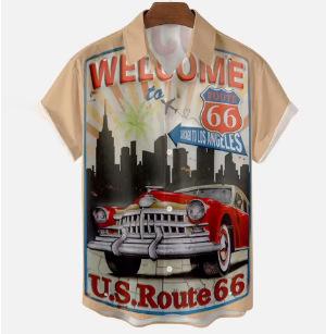 Printed short-sleeved shirt, highway bus printed men s casual loose shirt XXS