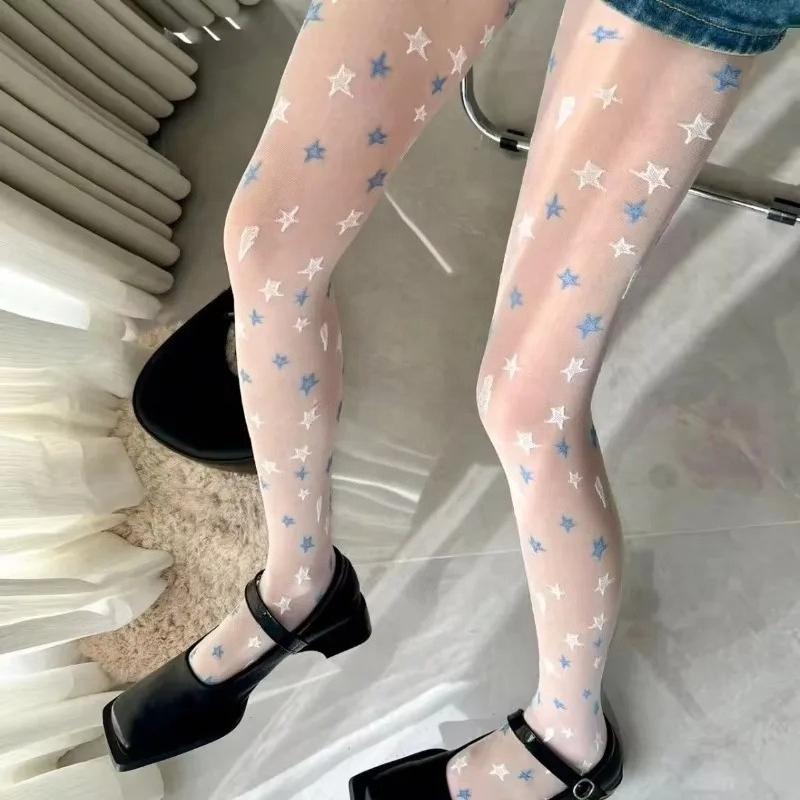

New Milky White Star Sheer Tights For Women Spring Summer Cute Silk Pantyhose Y2K Vintage Transparent Stockings For Women One Size