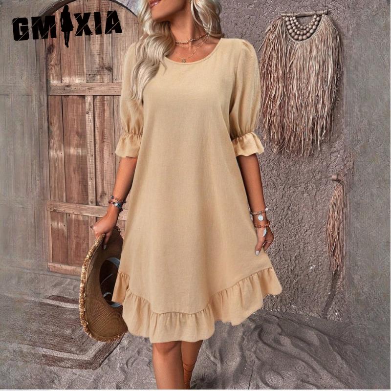 

GMXIA женские модные летние весенние однотонные повседневные платья с короткими рукавами и v-образным вырезом и высокой талией S хаки