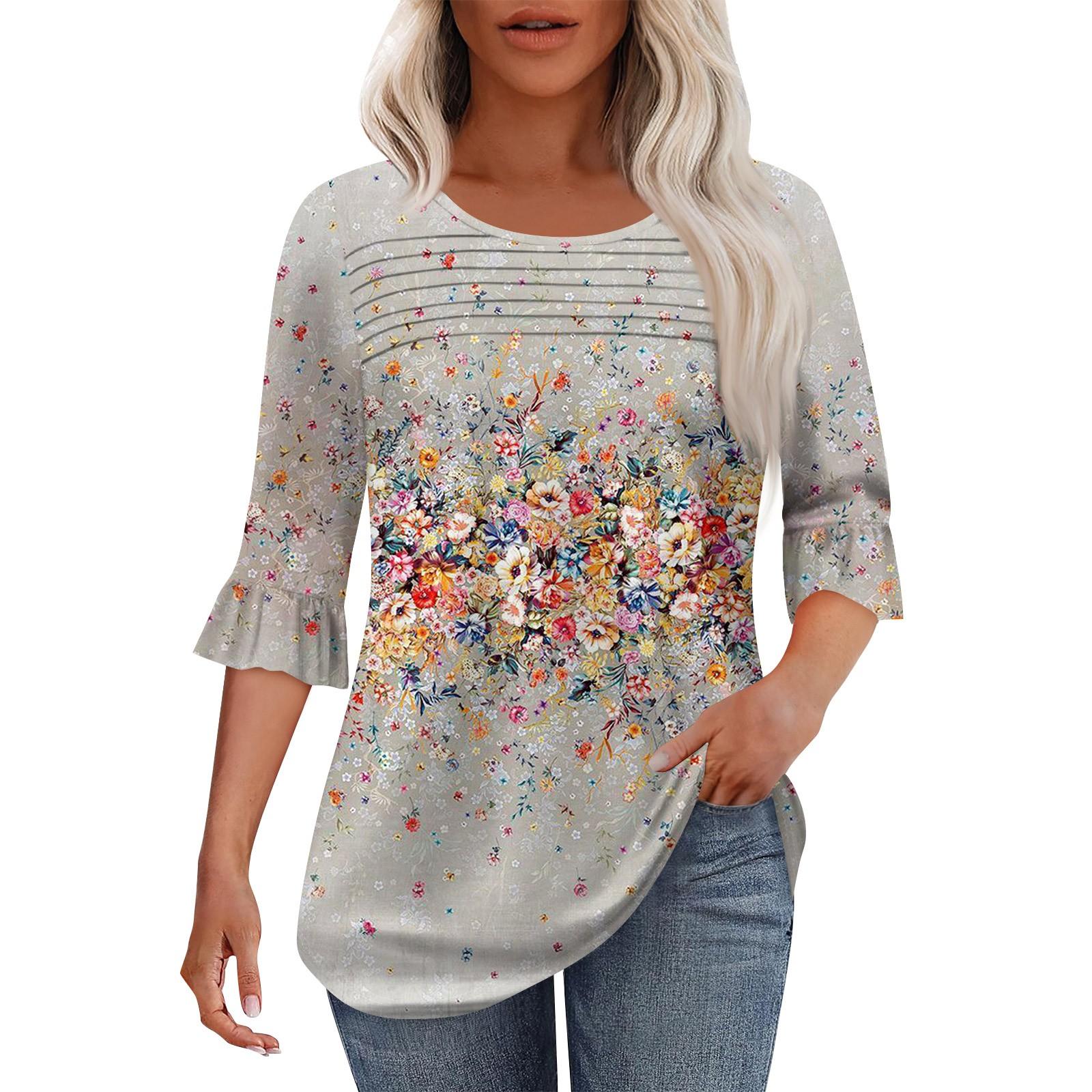 

Женская мода круглый вырез шея плиссированный спереди напечатанные точки расклешенный топ рукав 3/4 XXXL хаки