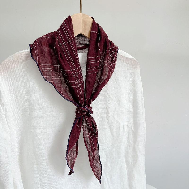 New Triangular Scarf For Women Summer Fashion Neckerchief Cotton Linen Plaid Light Headscarf