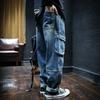 Men's Cargo Jeans Washed Denim Multi Pocket Knee Seam Loose Fit Cuffed Hem Streetwear Pants