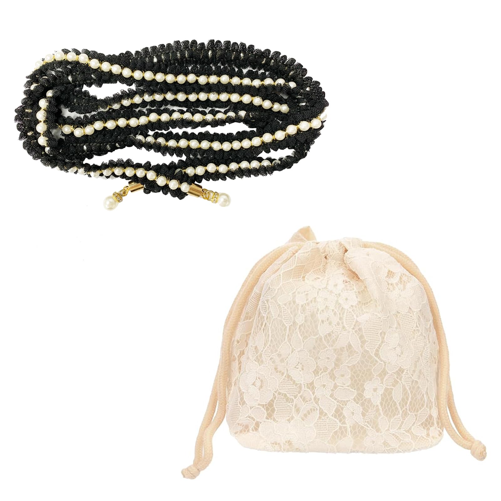 

[OuJyO] Obi-jime Pearl & Yukata Bag Lace Drawstring Set - Accessories for Yukata and Kimono - Obi-jime for Yukata (Suitable for all colors) - Black -
