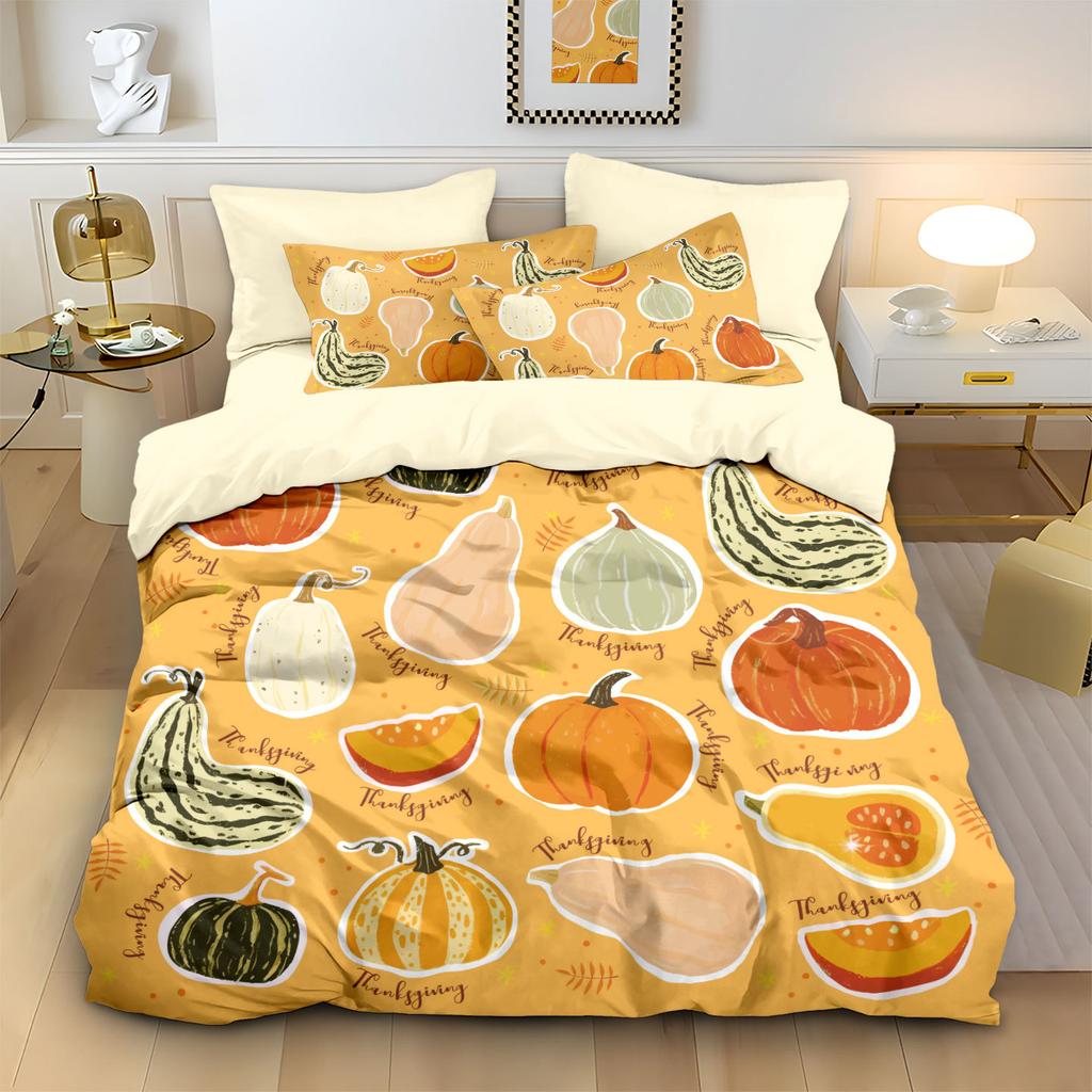 Thanksgiving Quilt Cover Three-Piece Pumpkin 3D Printed Bedding Polyester Pillow Cover Quilt Cover